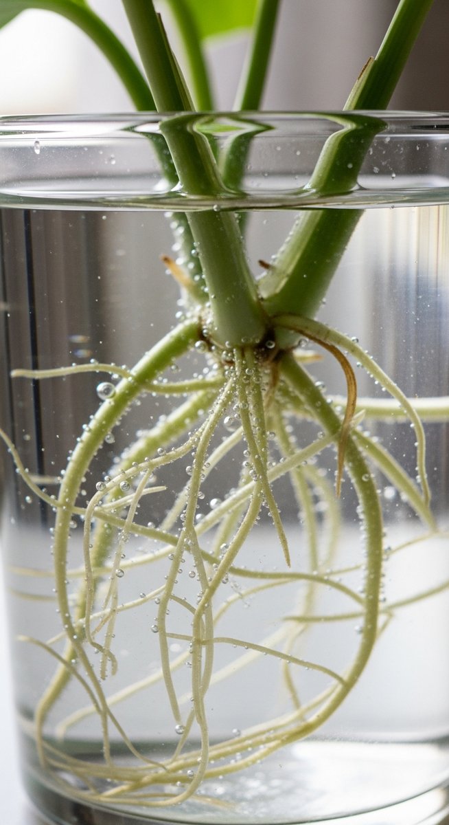close-up of white roots growing from a pothos cutting in water, for propagate pothos without leaves