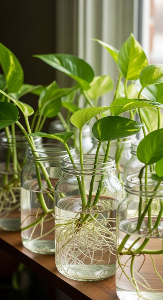 multiple pothos cuttings at different stages of rooting in water