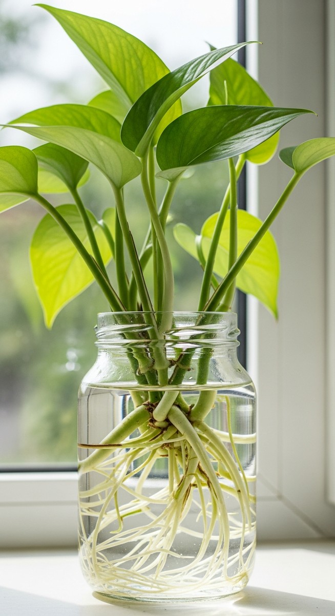 a pothos cutting with healthy roots in water ready to pot