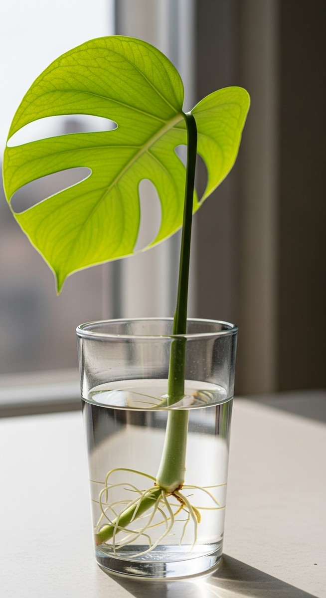 a monstera cutting in water with white roots beginning to develop