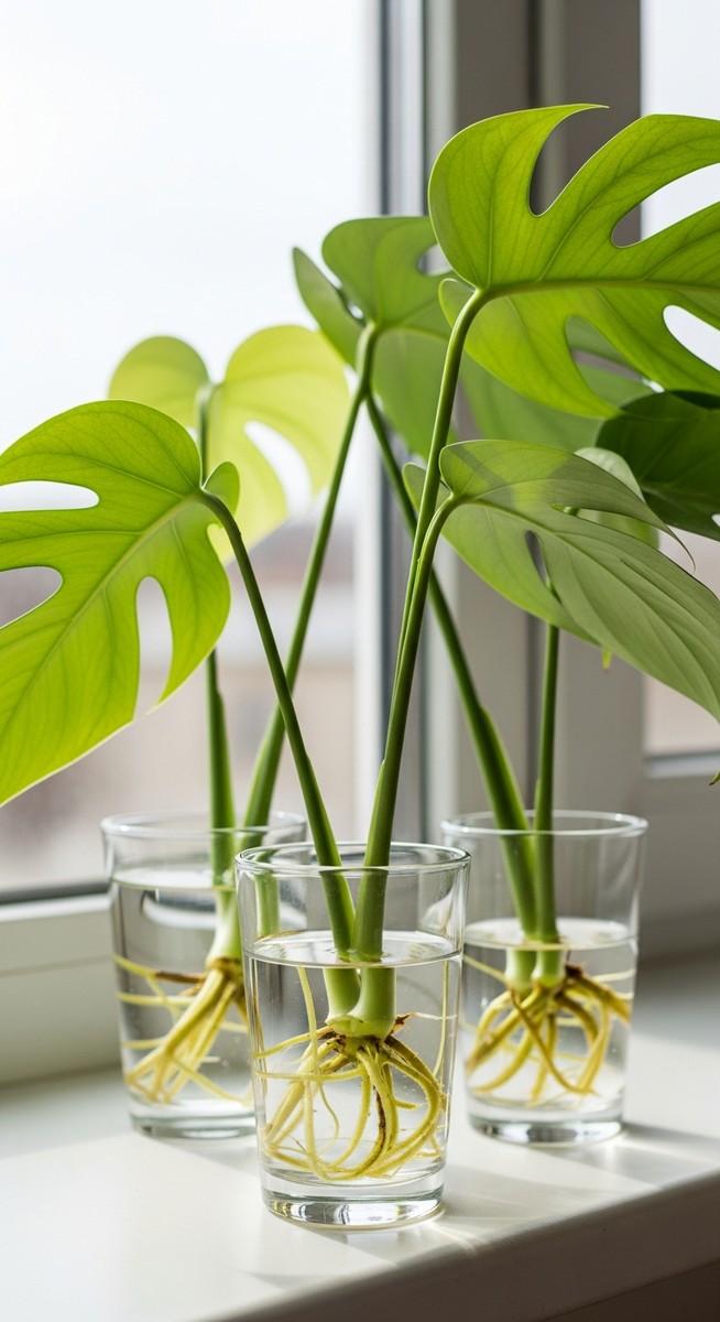 several monstera cuttings in glasses of water on a windowsill