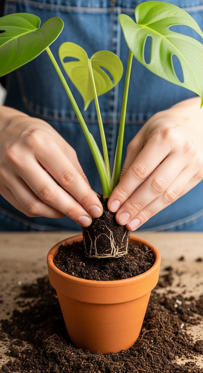 hands planting a rooted monstera cutting into fresh soil, for propagating monstera