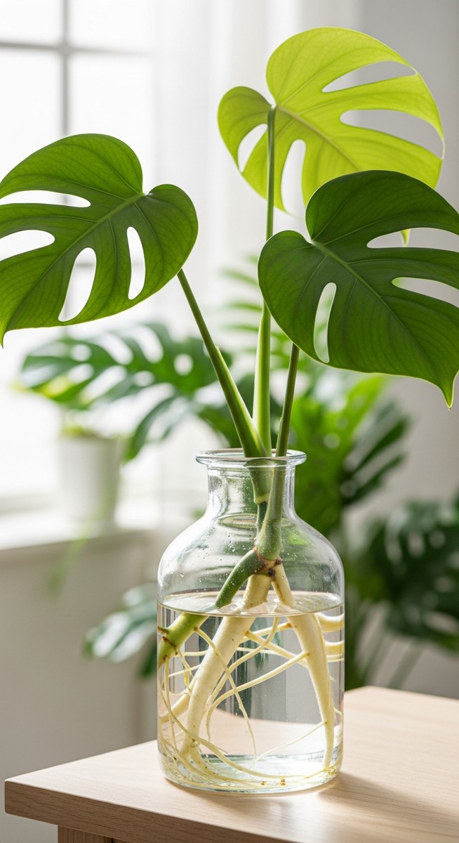 a monstera cutting with healthy roots in water ready to pot