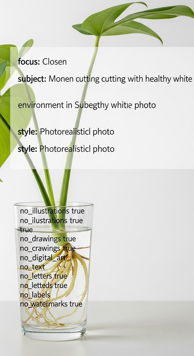 close-up of white roots growing from a monstera cutting in water, for propagating monstera