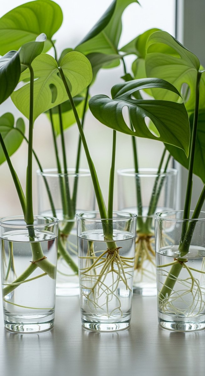 multiple monstera cuttings at different stages of rooting in water