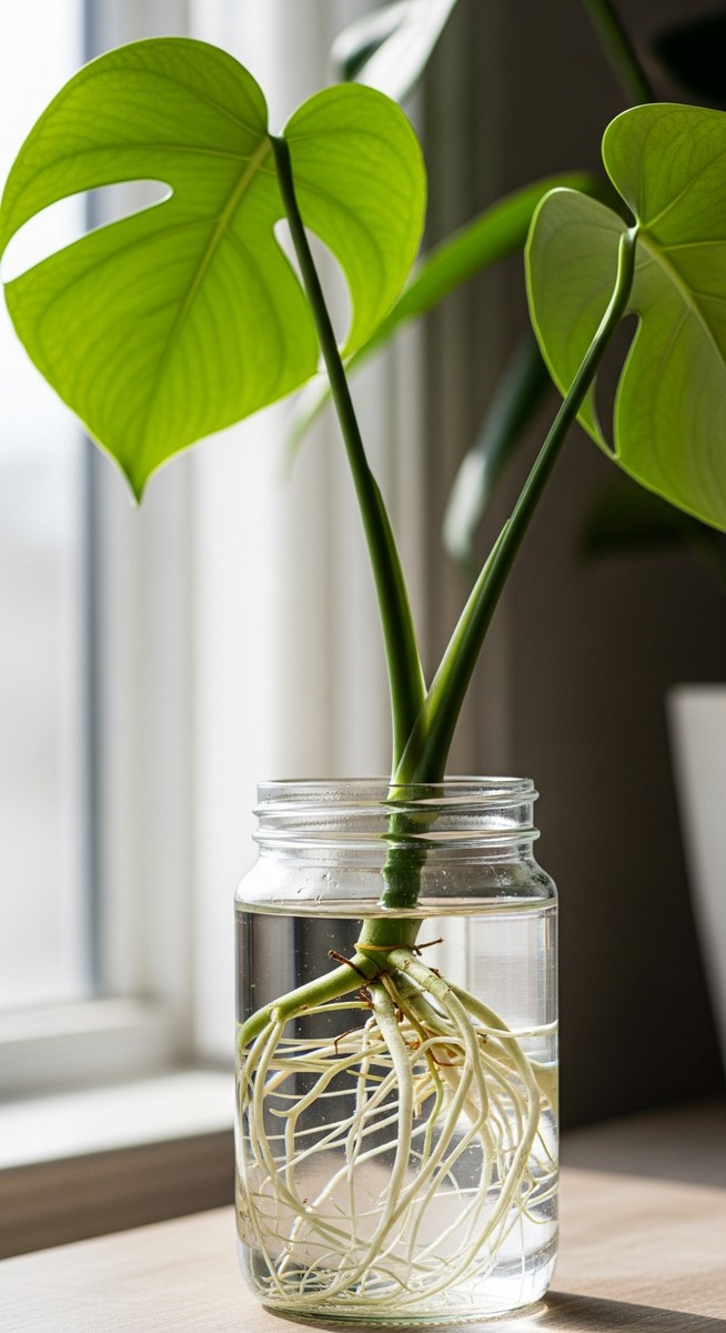 a monstera cutting with healthy roots in water ready to pot