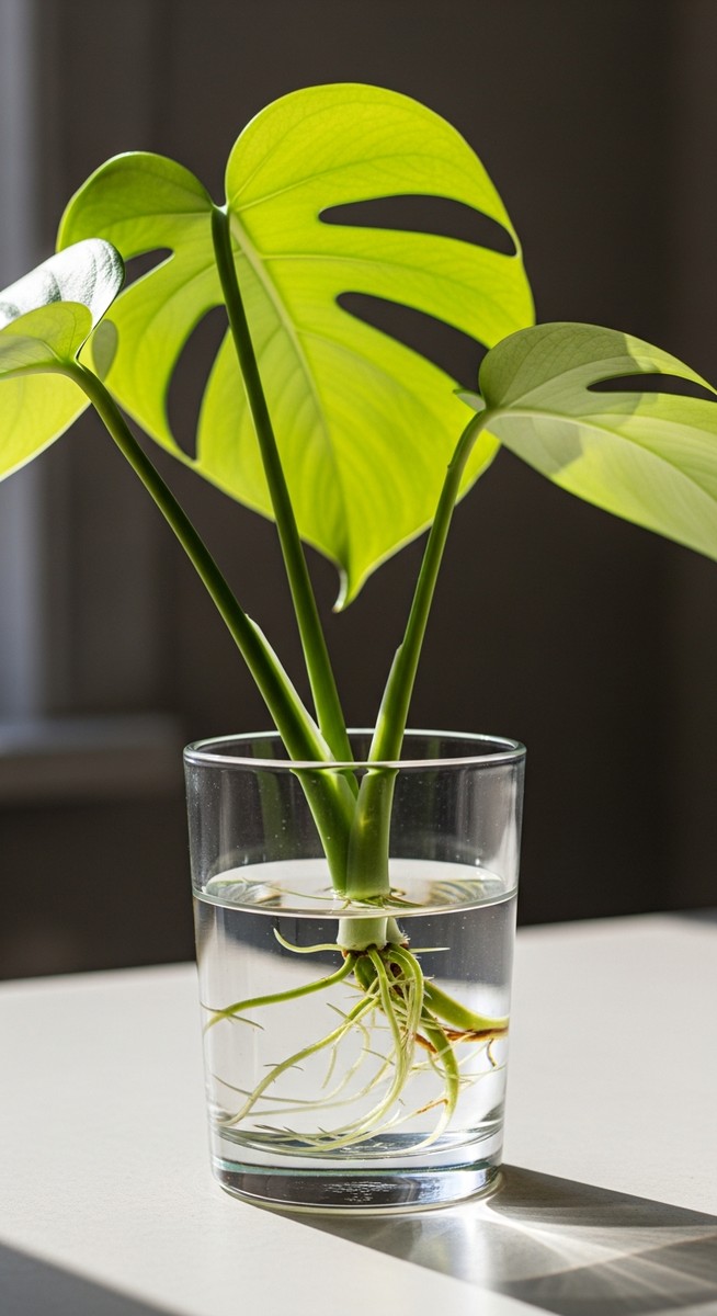 a monstera cutting in water with white roots beginning to develop