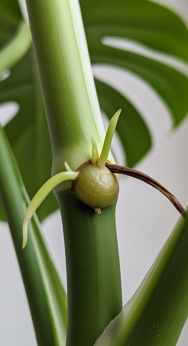 close-up of a monstera cutting node with root nubs emerging, for propagating monstera without node