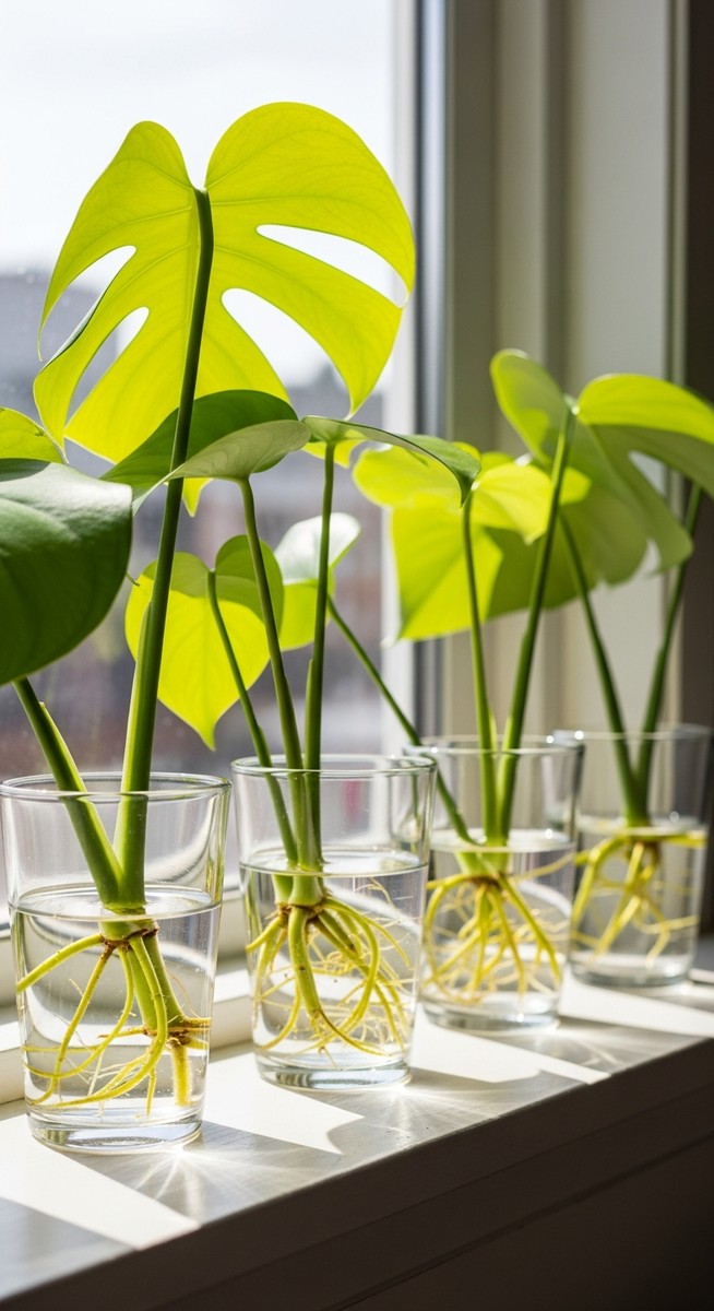 several monstera cuttings in glasses of water on a windowsill