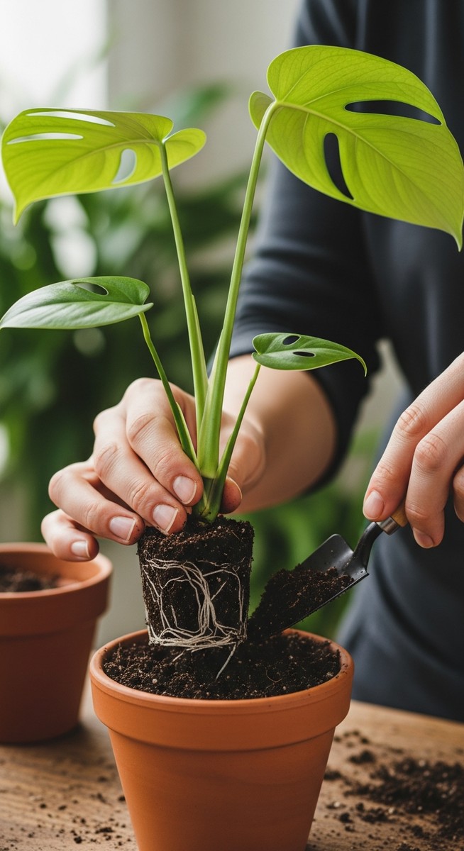 hands planting a rooted monstera cutting into fresh soil, for propagating monstera without node