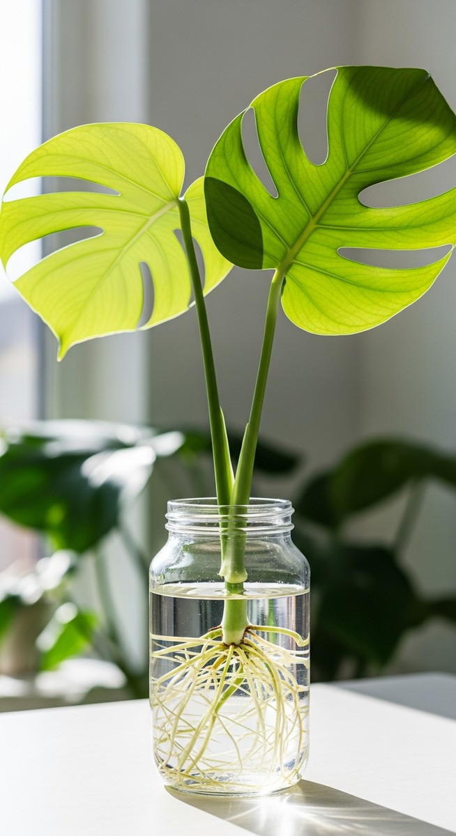 a monstera cutting with healthy roots in water ready to pot