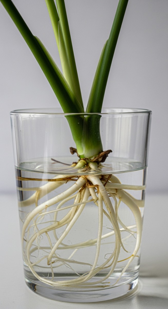 close-up of white roots growing from a monstera cutting in water, for propagating monstera without node