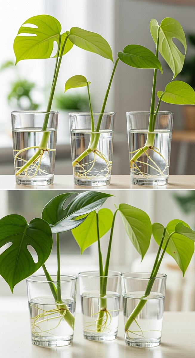 multiple monstera cuttings at different stages of rooting in water