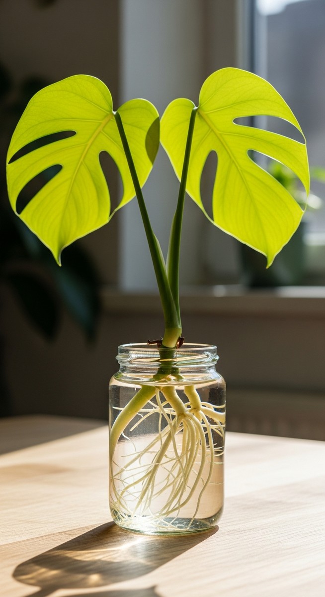 a monstera cutting with healthy roots in water ready to pot