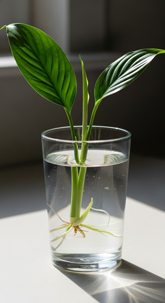 a peace lilies cutting in water with white roots beginning to develop