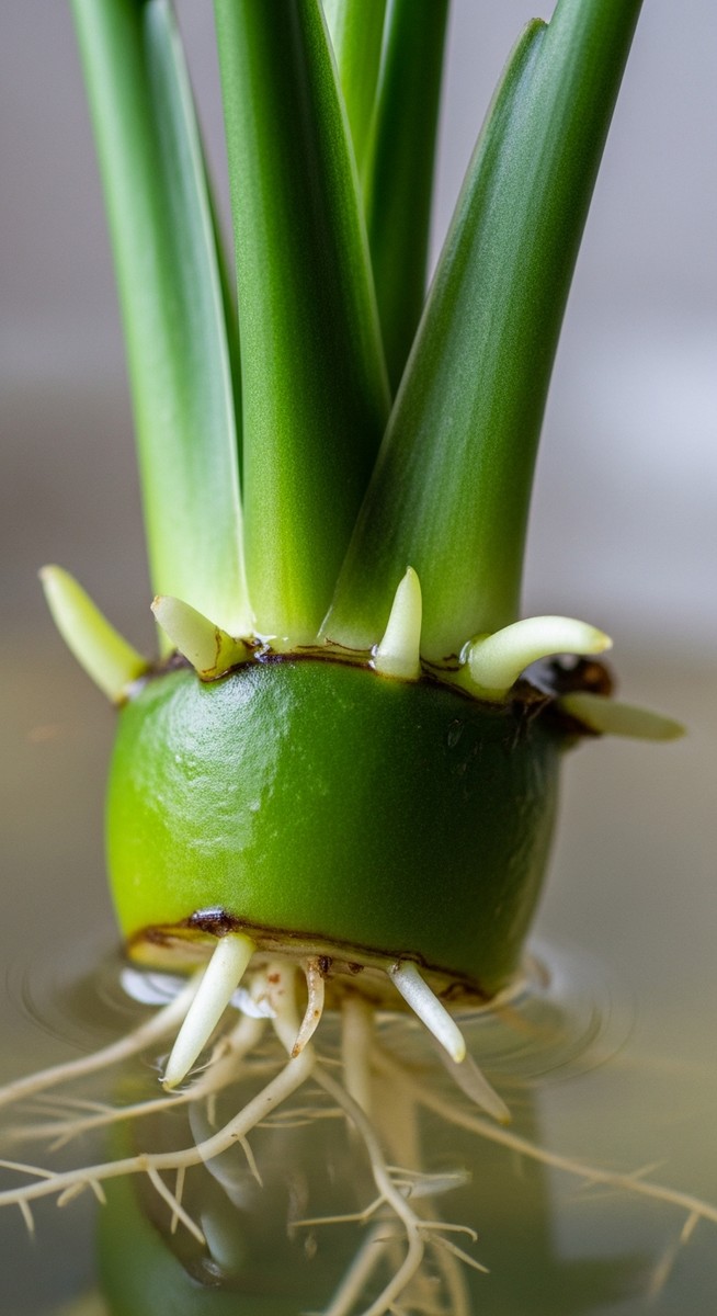 close-up of a peace lilies cutting node with root nubs emerging, for propagating peace lilies