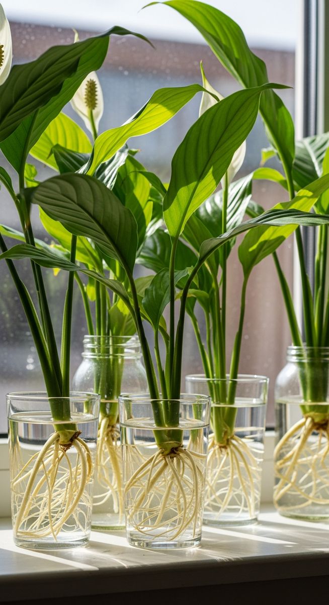several peace lilies cuttings in glasses of water on a windowsill