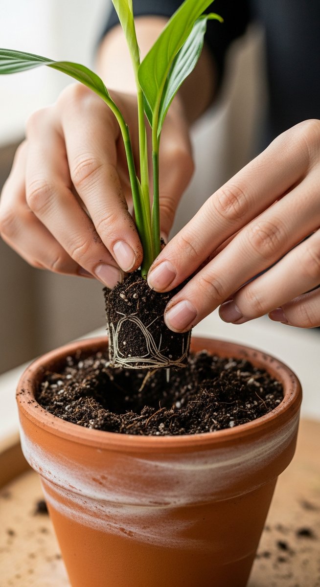 hands planting a rooted peace lilies cutting into fresh soil, for propagating peace lilies