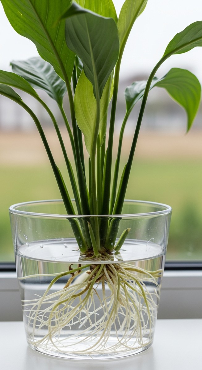 a peace lilies cutting with healthy roots in water ready to pot
