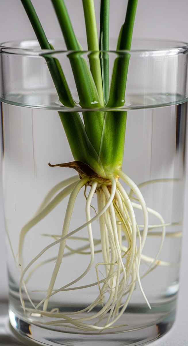 close-up of white roots growing from a peace lilies cutting in water, for propagating peace lilies
