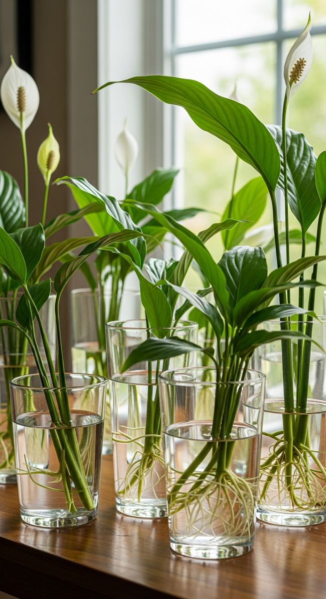 multiple peace lilies cuttings at different stages of rooting in water