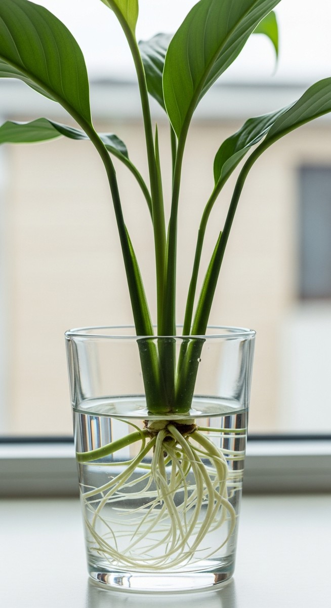 a peace lilies cutting with healthy roots in water ready to pot