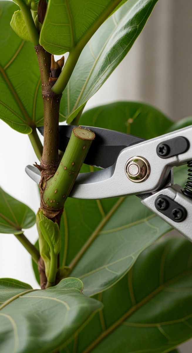 close-up of pruning shears making a clean cut on a fiddle leaf fig plant stem