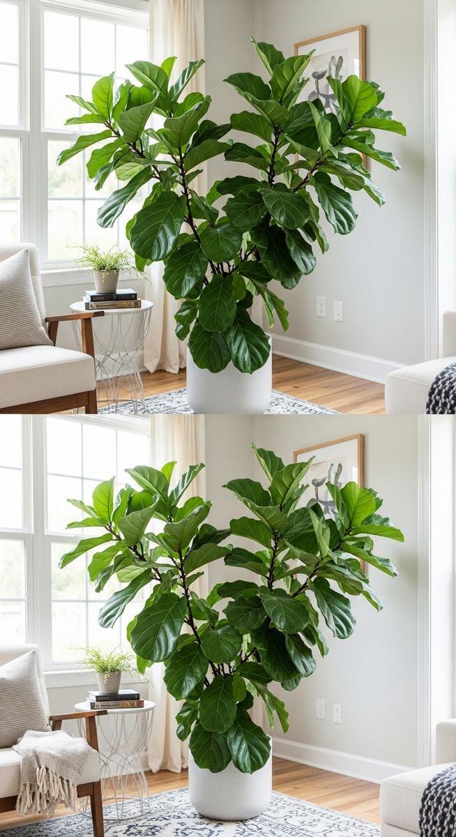 a fiddle leaf fig plant looking neat and well-shaped after pruning, for prune fiddle leaf fig