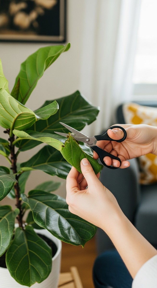 a person trimming a damaged leaf from a fiddle leaf fig plant with scissors