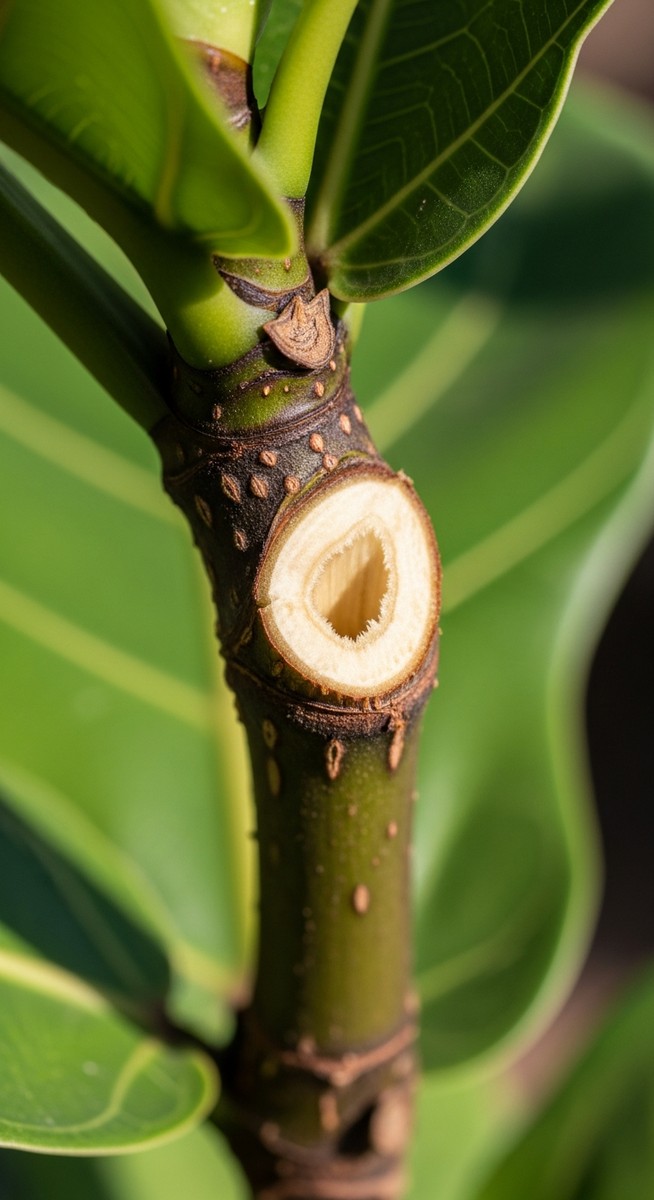 close-up of a clean pruning cut on a fiddle leaf fig plant stem, for prune fiddle leaf fig
