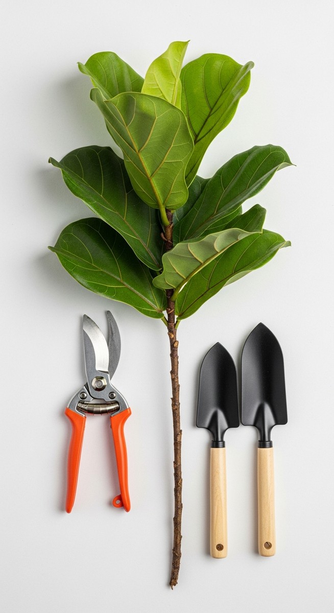 pruning tools laid out next to a fiddle leaf fig plant ready to be trimmed