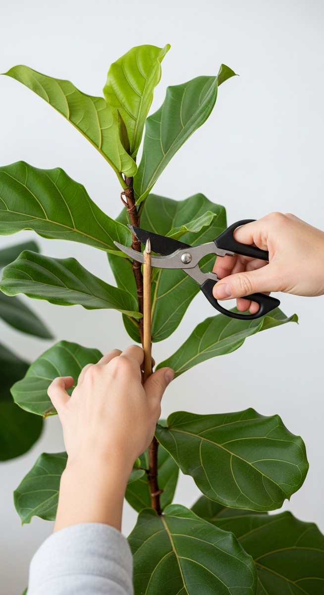 hands removing an overgrown stem from a fiddle leaf fig plant with scissors, for prune fiddle leaf fig