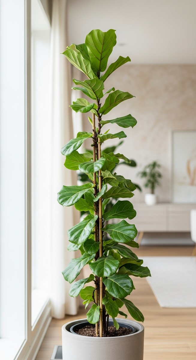 a freshly pruned fiddle leaf fig plant looking neat and tidy
