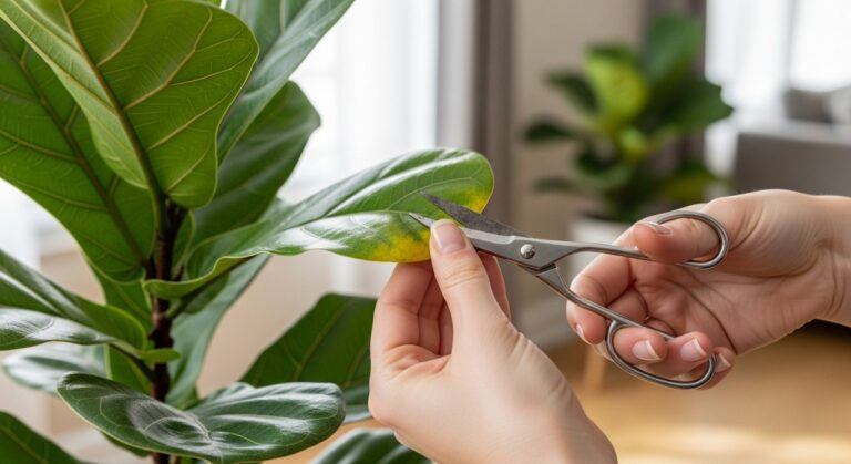 hands using pruning scissors to trim a leaf from a fiddle leaf fig plant, for prune fiddle leaf fig