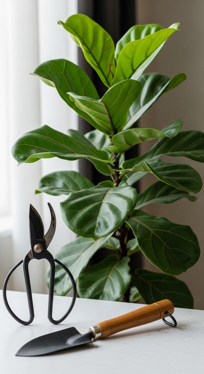 pruning tools laid out next to a fiddle leaf fig plant ready to be trimmed
