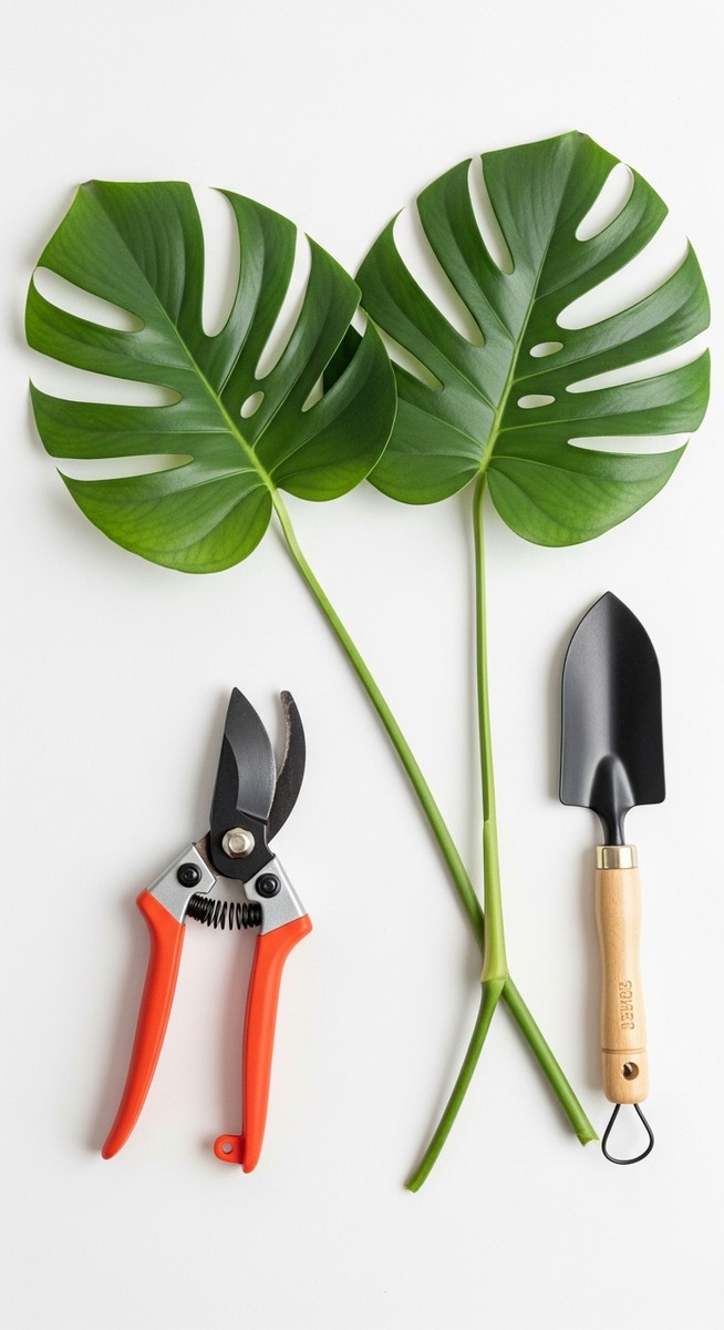 pruning tools laid out next to a monstera plant ready to be trimmed