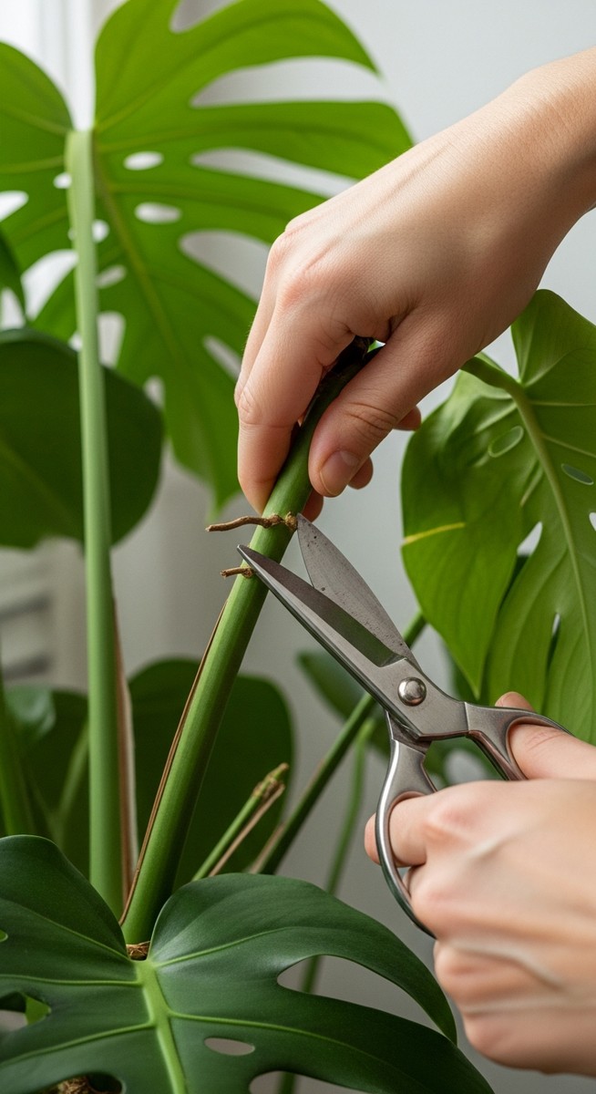 hands removing an overgrown stem from a monstera plant with scissors, for prune monstera