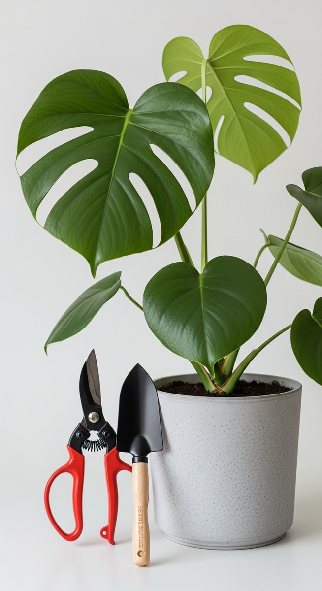 pruning tools laid out next to a monstera plant ready to be trimmed