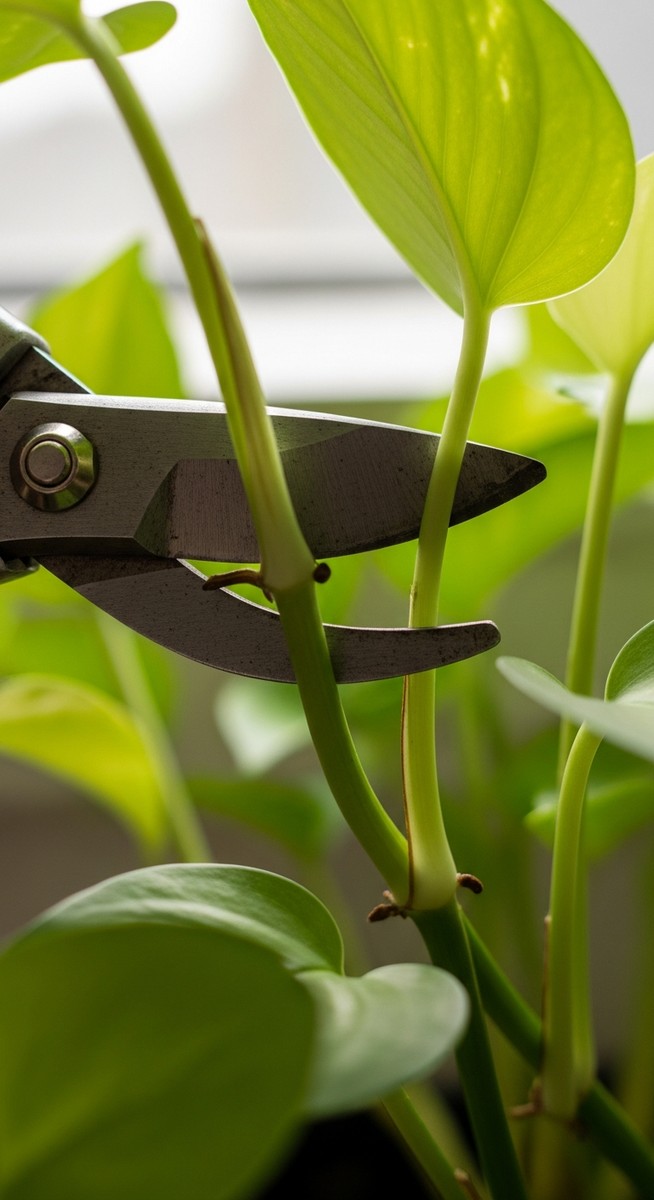 close-up of pruning shears making a clean cut on a pothos plant stem