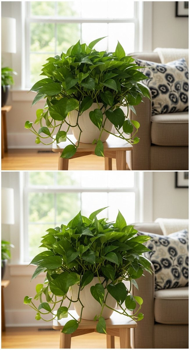 a pothos plant looking neat and well-shaped after pruning, for prune pothos