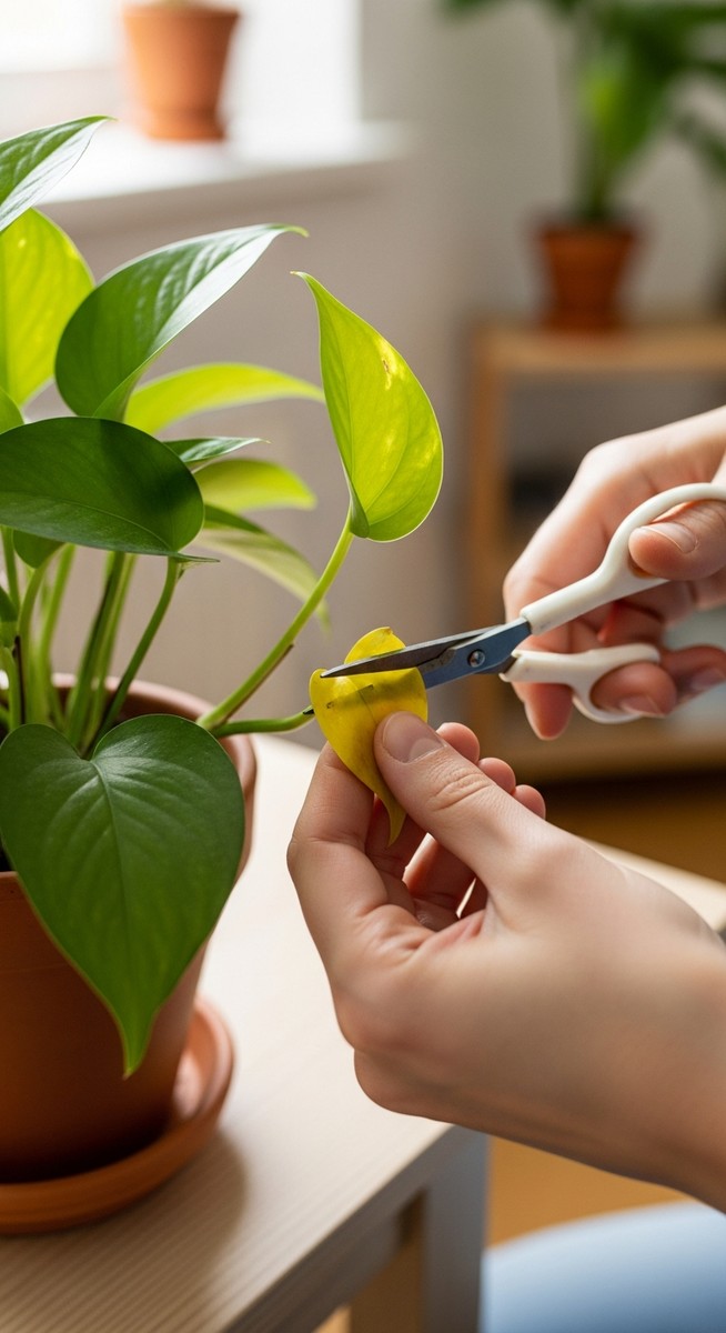 a person trimming a damaged leaf from a pothos plant with scissors