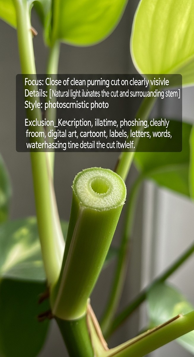 close-up of a clean pruning cut on a pothos plant stem, for prune pothos