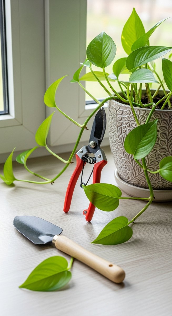pruning tools laid out next to a pothos plant ready to be trimmed