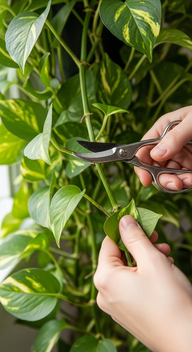 hands removing an overgrown stem from a pothos plant with scissors, for prune pothos