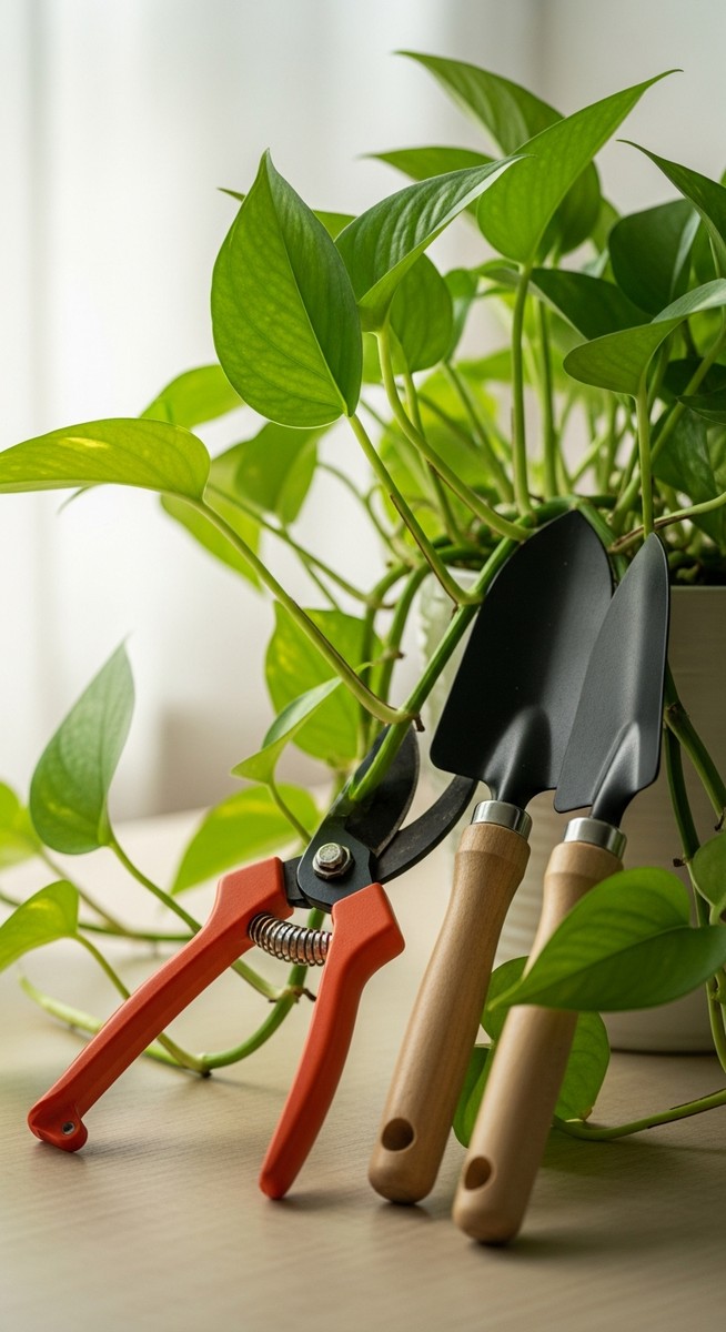 pruning tools laid out next to a pothos plant ready to be trimmed