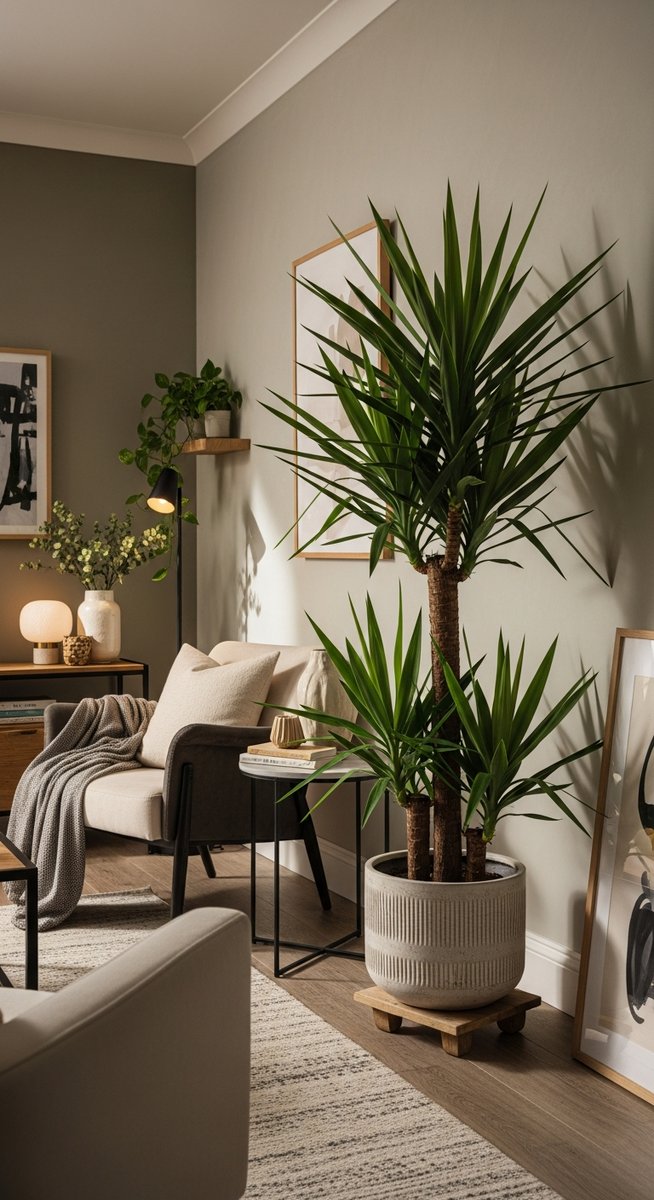 a large thriving yucca plant as a living room focal point, for red yucca plants indoors