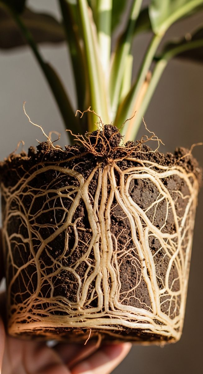 close-up of a calathea plant's root ball exposed after removing from its pot