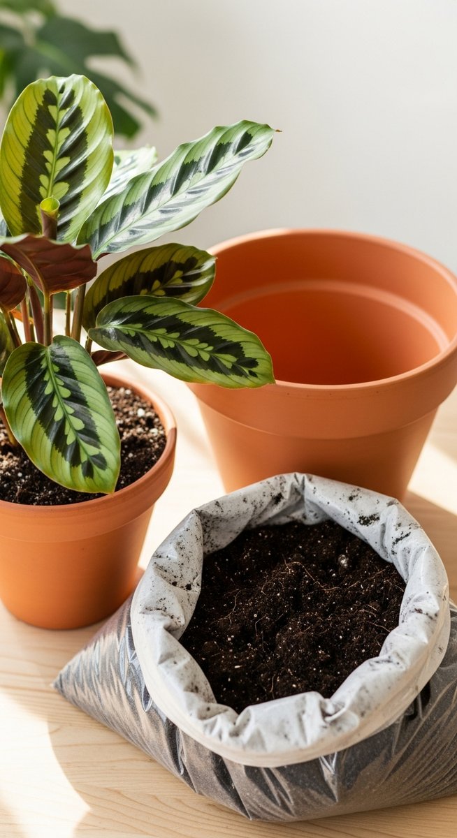 a calathea plant next to a larger pot and fresh potting soil ready to repot, for repot calathea