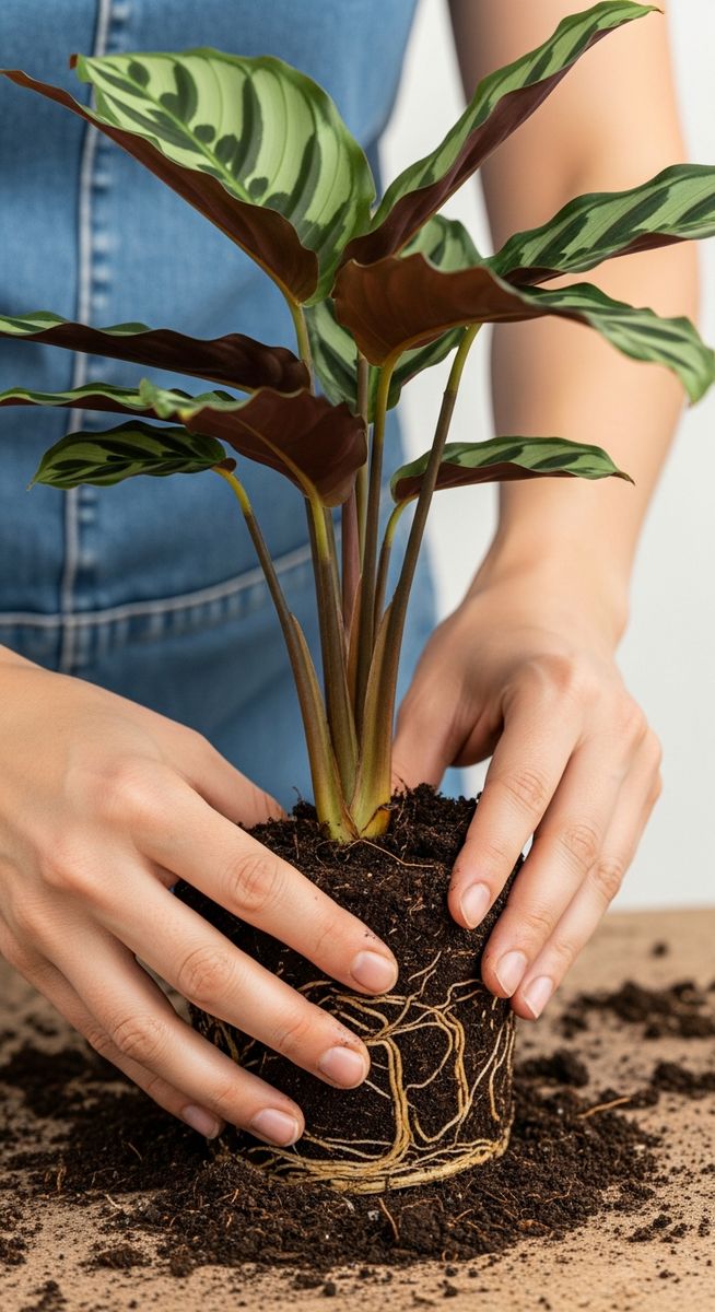hands loosening compacted soil around a calathea root ball