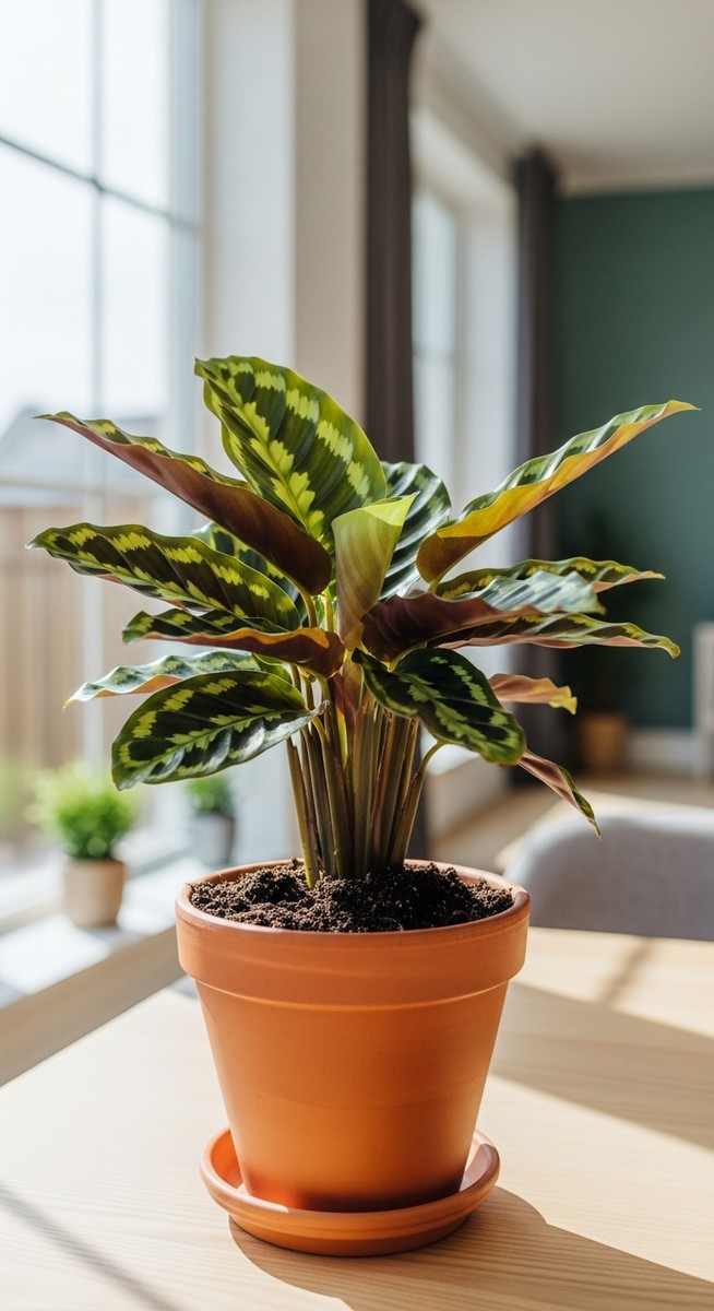 a freshly repotted calathea plant in a new pot with fresh soil, for repot calathea